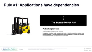 Unless otherwise indicated, these slides are © 2013-2016 Pivotal Software, Inc. and licensed under a Creative Commons
Attribution-NonCommercial license: http://creativecommons.org/licenses/by-nc/3.0/
Rule #1: Applications have dependencies
@1mattmc
@sam_gun
 