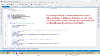 For creating database in this model we write normal
coding classes as in programs, these classes with [data
contract] attribute transfer into database table and [data
member] attribute transfer into its attribute.

 