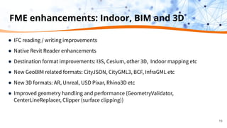 FME enhancements: Indoor, BIM and 3D
● IFC reading / writing improvements
● Native Revit Reader enhancements
● Destination format improvements: I3S, Cesium, other 3D, Indoor mapping etc
● New GeoBIM related formats: CityJSON, CityGML3, BCF, InfraGML etc
● New 3D formats: AR, Unreal, USD Pixar, Rhino3D etc
● Improved geometry handling and performance (GeometryValidator,
CenterLineReplacer, Clipper (surface clipping))
19
 