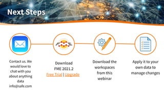 Next Steps
Download
FME 2021.2
Download the
workspaces
from this
webinar
Apply it to your
own data to
manage changes
Free Trial | Upgrade
Contact us. We
would love to
chat with you
about anything
data
info@safe.com
 