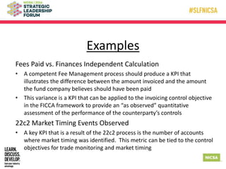 Examples
Fees Paid vs. Finances Independent Calculation
• A competent Fee Management process should produce a KPI that
illustrates the difference between the amount invoiced and the amount
the fund company believes should have been paid
• This variance is a KPI that can be applied to the invoicing control objective
in the FICCA framework to provide an “as observed” quantitative
assessment of the performance of the counterparty’s controls
22c2 Market Timing Events Observed
• A key KPI that is a result of the 22c2 process is the number of accounts
where market timing was identified. This metric can be tied to the control
objectives for trade monitoring and market timing
 