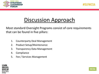 Discussion Approach
Most standard Oversight Programs consist of core requirements
that can be found in five pillars:
1. Counterparty Deal Management
2. Product Setup/Maintenance
3. Transparency Data Management
4. Compliance
5. Fee / Services Management
 