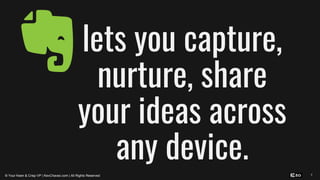 7
lets you capture,
nurture, share
your ideas across
any device.
© Your Keen & Crisp VP | KevChavez.com | All Rights Reserved
 