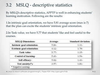 3.2 MSLQ - descriptive statistics
By MSLQ’s descriptive statistics, APPTP is well in enhancing students’
learning motivation. Following are the results:

1.In intrinsic goal orientation, we have 5.81 average score (max is 7)
that the plan can excite the students’ intrinsic goal orientation.

2.In Task value, we have 5.77 that students’ like and feel useful to the
courses.




 [ How to teach software programming? ] Paper PDF: http://goo.gl/m7h5k     35
 