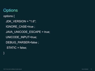 options {
       JDK_VERSION = "1.6";
       IGNORE_CASE=true ;
       JAVA_UNICODE_ESCAPE = true;
       UNICODE_INPUT=true;
       DEBUG_PARSER=false ;
         STATIC = false;
}




© 2011 Cisco and/or its affiliates. All rights reserved.   Cisco Confidential   10
 