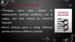 POLITICAL-LEGAL FORCES
• Changing Labor laws related to
employment, working conditions, pay &
wages, and laws related to industrial
disputes.
•Which political party is ruling. Different
parties can have a different outlook.
 