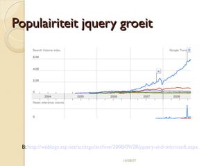 10/08/07 
JJqquueerryy ttooeevvooeeggeenn 
● http://www.learningjquery.com/2008/06/updated-jquery-bookmarkl 
et 
● scripts.js maken in theme map met 
$(document).ready( 
function() { 
$(‘p’).hide(‘slow’); 
}); 
● In template.php 
● drupal_add_js(path_to_theme().‘scripts.js’, ‘theme’, 
‘header’); of via .info file toevoegen aan theme map 
● Jquery wordt automatisch geladen bij drupal_add_js 
 