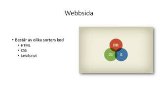 Webbsida
• Består av olika sorters kod
• HTML
• CSS
• JavaScript
 