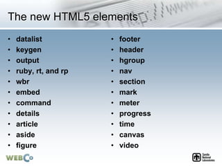 The new HTML5 elements
• datalist
• keygen
• output
• ruby, rt, and rp
• wbr
• embed
• command
• details
• article
• aside
• figure
• footer
• header
• hgroup
• nav
• section
• mark
• meter
• progress
• time
• canvas
• video
 