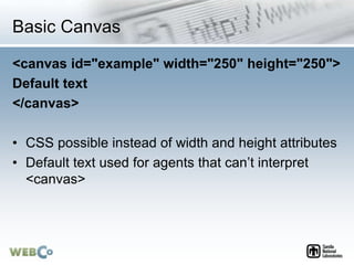 Basic Canvas
<canvas id="example" width="250" height="250">
Default text
</canvas>
• CSS possible instead of width and height attributes
• Default text used for agents that can’t interpret
<canvas>
 