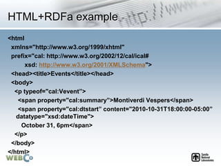 HTML+RDFa example
<html
xmlns="http://www.w3.org/1999/xhtml"
prefix="cal: http://www.w3.org/2002/12/cal/ical#
xsd: http://www.w3.org/2001/XMLSchema">
<head><title>Events</title></head>
<body>
<p typeof="cal:Vevent”>
<span property="cal:summary”>Montiverdi Vespers</span>
<span property="cal:dtstart” content="2010-10-31T18:00:00-05:00”
datatype="xsd:dateTime">
October 31, 6pm</span>
</p>
</body>
</html>
 