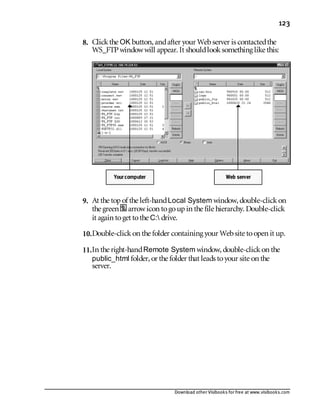 Download other Visibooks for free at www.visibooks.com
123
8. Clickthe OK button,andafter your Webserver is contactedthe
WS_FTPwindowwill appear. It shouldlooksomething like this:
9. At the top of the left-handLocal System window,double-clickon
the green arrowicon togoupin the file hierarchy. Double-click
it again toget tothe C: drive.
10.Double-clickon the folder containing your Website toopen it up.
11.In the right-handRemote System window,double-clickon the
public_html folder,or the folder that leads toyour site on the
server.
Yourcomputer Web server
 
