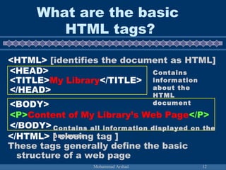 What are the basic 
HTML tags? 
<HTML> [identifies the document as HTML] 
<HEAD> 
<TITLE>My Library</TITLE> 
</HEAD> 
Contains 
information 
about the 
HTML 
<BODY> document 
<P>Content of My Library’s Web Page</P> 
</BODY> Contains all information displayed on the 
</HTML> [ closing tag ] 
These tags generally define the basic 
structure of a web page 
Mohammad Arshad 12 
browser 
 