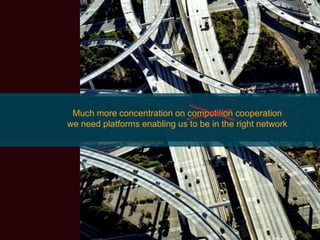 Our world is more complex and more rapid
 Muchsolve complex problem, traditional attitudes don‟t help
   To more concentration on competition cooperation
we need platforms of one man show anymore,rightneed others
   It is not the time enabling us to be in the we network
   Ability to connect with the right people in a short time is main
   competitive advantage
 