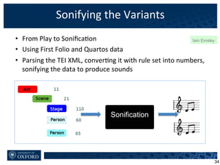 Sonifying	
  the	
  Variants	
  
•  From	
  Play	
  to	
  Soniﬁca6on	
  
•  Using	
  First	
  Folio	
  and	
  Quartos	
  data	
  
•  Parsing	
  the	
  TEI	
  XML,	
  conver6ng	
  it	
  with	
  rule	
  set	
  into	
  numbers,	
  
sonifying	
  the	
  data	
  to	
  produce	
  sounds	
  
34
Sonification	
  
Iain Emsley
 