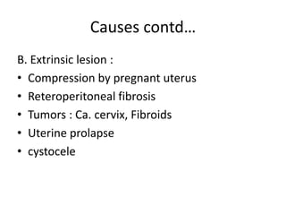Causes contd…
B. Extrinsic lesion :
• Compression by pregnant uterus
• Reteroperitoneal fibrosis
• Tumors : Ca. cervix, Fibroids
• Uterine prolapse
• cystocele
 