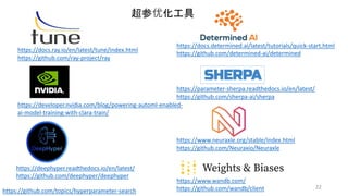 https://docs.ray.io/en/latest/tune/index.html
https://github.com/ray-project/ray
https://deephyper.readthedocs.io/en/latest/
https://github.com/deephyper/deephyper
https://www.wandb.com/
https://github.com/wandb/client
https://docs.determined.ai/latest/tutorials/quick-start.html
https://github.com/determined-ai/determined
https://github.com/topics/hyperparameter-search
https://parameter-sherpa.readthedocs.io/en/latest/
https://github.com/sherpa-ai/sherpa
https://www.neuraxle.org/stable/index.html
https://github.com/Neuraxio/Neuraxle
https://developer.nvidia.com/blog/powering-automl-enabled-
ai-model-training-with-clara-train/
超参优化工具
22
 
