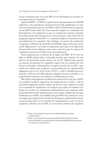 198 Derechos humanos en la Argentina. Informe 2017
ya que estimamos que cerca del 80% de los denegados no terminó en
una disposición de expulsión.
Según la DNM,17
en 2016 se regularizaron aproximadamente 200 000
migrantes, y las expulsiones aumentaron de modo significativo en rela-
ción con el período anterior: de 1908 en 2015 a 3258 órdenes a septiem-
bre de 2016 (véase tabla 6.2). Este aumento requiere ser analizado con
detenimiento. Una hipótesis es que la cantidad de trámites iniciados
haya sido mucho más elevada que en años anteriores –por efecto de los
programas vigentes hasta 2015–, y eso podría explicar el aumento en los
procedimientos de expulsión. Sin embargo, el número de residencias
otorgadas en 2016 fue de alrededor de 200 000, según el director nacio-
nal de Migraciones,18
un número importante, pero que no se diferencia
del promedio de los últimos cuatro años, mientras que el número de
expulsiones muestra una diferencia muy importante.
Otras explicaciones se derivan de la lógica del DNU 70/17. Por un
lado, la DNM podría haber rechazado muchos más trámites de resi-
dencia, del promedio anual anterior de un 2%. Podría haber puesto
en marcha mecanismos de expulsión exprés ante los trámites de resi-
dencia rechazados, sobrepasando el registro anterior de un 20% o por
medio de trámites que evadieron el procedimiento de regularización
obligatorio por el art. 61 de la Ley 25 871, y todo el debido proceso y
derecho a defensa. En 2016 algunos migrantes fueron retenidos y ex-
pulsados directamente, sin respetar lo establecido por la ley.
Más allá de estas hipótesis, la afirmación oficial acerca de que el DNU
no cambió la política migratoria de regularización es falsa, y sólo la
autoridad migratoria puede aclarar los factores que explican el salto
en la cantidad de expulsiones. Es evidente que existe un cambio en la
forma de resolver los expedientes administrativos que impacta sobre
los procedimientos de regularización concretados, cambio que fue pro-
fundizado por el DNU. La modificación por DNU de la oferta de recur-
sos legales para plantear la revisión de decisiones administrativas tiene
consecuencias tanto en los trámites de regularización como en los de
expulsión. Además, con el DNU se concretaron órdenes de expulsión
17	Véase <www.migraciones.gov.ar/accesible/indexP.php?mostrar_
novedad=3350>.
18	Véase <www.migraciones.gov.ar/accesible/indexN.php/swf/consulta_
tramite/templates/museo/accesible/novedades/hballada@migraciones.gov.
ar>?mostrar_novedad=3350>.
 