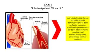 Necrosis del miocardio que
se produce por la
disminución brusca de la
perfusión coronaria,
manifestado generalmente
por dolor intenso, injuria
evolutiva en el
electrocardiograma y
elevación de enzimas
cardiacas.
I.A.M :
“Infarto Agudo al Miocardio”
 