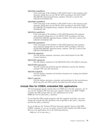 SQLE850A (sqle850a.h)
If the code page of the database is 850 (ASCII Latin-1), this sequence sorts
character strings that are not FOR BIT DATA according to the host CCSID
500 (EBCDIC International) binary collation. This file is used by the
CREATE DATABASE API.
SQLE850B (sqle850b.h)
If the code page of the database is 850 (ASCII Latin-1), this sequence sorts
character strings that are not FOR BIT DATA according to the host CCSID
037 (EBCDIC US English) binary collation. This file is used by the CREATE
DATABASE API.
SQLE932A (sqle932a.h)
If the code page of the database is 932 (ASCII Japanese), this sequence
sorts character strings that are not FOR BIT DATA according to the host
CCSID 5035 (EBCDIC Japanese) binary collation. This file is used by the
CREATE DATABASE API.
SQLE932B (sqle932b.h)
If the code page of the database is 932 (ASCII Japanese), this sequence
sorts character strings that are not FOR BIT DATA according to the host
CCSID 5026 (EBCDIC Japanese) binary collation. This file is used by the
CREATE DATABASE API.
SQLJACB (sqljacb.h)
This file defines constants, structures, and control blocks for the DB2
Connect interface.
SQLSTATE (sqlstate.h)
This file defines constants for the SQLSTATE field of the SQLCA structure.
SQLSYSTM (sqlsystm.h)
This file contains the platform-specific definitions used by the database
manager APIs and data structures.
SQLUDF (sqludf.h)
This file defines constants and interface structures for writing user-defined
functions (UDFs).
SQLUV (sqluv.h)
This file defines structures, constants, and prototypes for the asynchronous
Read Log API, and APIs used by the table load and unload vendors.
Include files for COBOL embedded SQL applications
The host-language-specific include files for COBOL have the file extension .cbl. If
you use the "System/390®
host data type support" feature of the IBM®
COBOL
compiler, the DB2 include files for your applications are in the
$HOME/sqllib/include/cobol_i directory.
If you build the DB2 sample programs with the supplied script files, you must
change the include file path specified in the script files to the cobol_i directory
and not the cobol_a directory.
If you do not use the "System/390 host data type support" feature of the IBM
COBOL compiler, or you use an earlier version of this compiler, the DB2 include
files for your applications are in the following directory:
$HOME/sqllib/include/cobol_a
Chapter 3. Programming 31
 