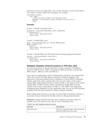 experience in your web application, use a switch structure to recover from known
error states or return custom error messages. For example:
switch($this->state):
case ’22001’:
// More data than allowed for the defined column
$message = "You entered too many characters for this value.";
break;
Example
Example 1: Handle connection errors
$connection = db2_connect($database, $user, $password);
if (!$connection) {
$this->state = db2_conn_error();
return false;
}
Example 2: Handle SQL errors
$stmt = db2_prepare($connection, "DELETE FROM employee
WHERE firstnme = ?");
if (!$stmt) {
$this->state = db2_stmt_error();
return false;
}
Example 3: Handle SQL errors that result from executing prepared statements
$success = db2_execute($stmt, array(’Dan’);
if (!$success) {
$this->state = db2_stmt_error($stmt);
return $false;
}
Database metadata retrieval functions in PHP (ibm_db2)
You can use functions in the ibm_db2 API to retrieve metadata for databases
served by DB2 for Linux, UNIX, and Windows, IBM Cloudscape, and, through
DB2 Connect™
, DB2 for z/OS®
and DB2 for i.
Some classes of applications, such as administration interfaces, must dynamically
reflect the structure and SQL objects contained in arbitrary databases. One
approach to retrieving metadata about a database is to issue SELECT statements
directly against the system catalog tables; however, the schema of the system
catalog tables might change between versions of DB2, or the schema of the system
catalog tables on DB2 for Linux, UNIX, and Windows might differ from the
schema of the system catalog tables on DB2 for z/OS. Rather than laboriously
maintaining these differences in your application code, you can use PHP functions
available in the ibm_db2 extension to retrieve database metadata.
Before calling these functions, you must set up the PHP environment and have a
connection resource returned by the db2_connect or db2_pconnect function.
Important: Calling metadata functions uses a significant amount of space. If
possible, cache the results of your calls for use in subsequent calls.
Table 9. ibm_db2 metadata retrieval functions
Function Description
db2_client_info Returns a read-only object with information
about the IBM data server client
Chapter 3. Developing PHP applications 31
 