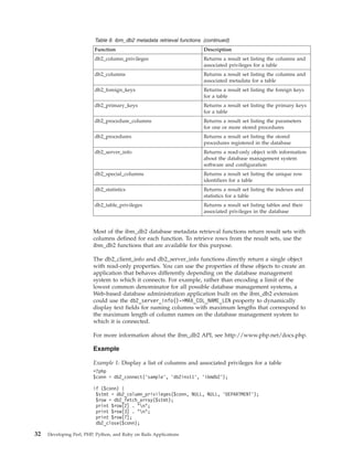 Table 9. ibm_db2 metadata retrieval functions (continued)
Function Description
db2_column_privileges Returns a result set listing the columns and
associated privileges for a table
db2_columns Returns a result set listing the columns and
associated metadata for a table
db2_foreign_keys Returns a result set listing the foreign keys
for a table
db2_primary_keys Returns a result set listing the primary keys
for a table
db2_procedure_columns Returns a result set listing the parameters
for one or more stored procedures
db2_procedures Returns a result set listing the stored
procedures registered in the database
db2_server_info Returns a read-only object with information
about the database management system
software and configuration
db2_special_columns Returns a result set listing the unique row
identifiers for a table
db2_statistics Returns a result set listing the indexes and
statistics for a table
db2_table_privileges Returns a result set listing tables and their
associated privileges in the database
Most of the ibm_db2 database metadata retrieval functions return result sets with
columns defined for each function. To retrieve rows from the result sets, use the
ibm_db2 functions that are available for this purpose.
The db2_client_info and db2_server_info functions directly return a single object
with read-only properties. You can use the properties of these objects to create an
application that behaves differently depending on the database management
system to which it connects. For example, rather than encoding a limit of the
lowest common denominator for all possible database management systems, a
Web-based database administration application built on the ibm_db2 extension
could use the db2_server_info()->MAX_COL_NAME_LEN property to dynamically
display text fields for naming columns with maximum lengths that correspond to
the maximum length of column names on the database management system to
which it is connected.
For more information about the ibm_db2 API, see http://www.php.net/docs.php.
Example
Example 1: Display a list of columns and associated privileges for a table
<?php
$conn = db2_connect(’sample’, ’db2inst1’, ’ibmdb2’);
if ($conn) {
$stmt = db2_column_privileges($conn, NULL, NULL, ’DEPARTMENT’);
$row = db2_fetch_array($stmt);
print $row[2] . "n";
print $row[3] . "n";
print $row[7];
db2_close($conn);
32 Developing Perl, PHP, Python, and Ruby on Rails Applications
 