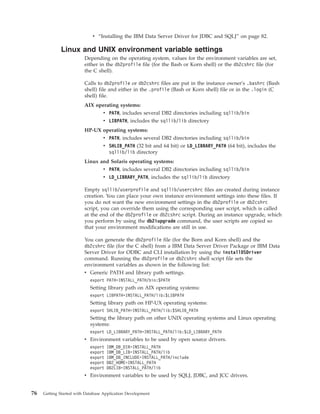 v “Installing the IBM Data Server Driver for JDBC and SQLJ” on page 82.
Linux and UNIX environment variable settings
Depending on the operating system, values for the environment variables are set,
either in the db2profile file (for the Bash or Korn shell) or the db2cshrc file (for
the C shell).
Calls to db2profile or db2cshrc files are put in the instance owner's .bashrc (Bash
shell) file and either in the .profile (Bash or Korn shell) file or in the .login (C
shell) file.
AIX operating systems:
v PATH, includes several DB2 directories including sqllib/bin
v LIBPATH, includes the sqllib/lib directory
HP-UX operating systems:
v PATH, includes several DB2 directories including sqllib/bin
v SHLIB_PATH (32 bit and 64 bit) or LD_LIBRARY_PATH (64 bit), includes the
sqllib/lib directory
Linux and Solaris operating systems:
v PATH, includes several DB2 directories including sqllib/bin
v LD_LIBRARY_PATH, includes the sqllib/lib directory
Empty sqllib/userprofile and sqllib/usercshrc files are created during instance
creation. You can place your own instance environment settings into these files. If
you do not want the new environment settings in the db2profile or db2cshrc
script, you can override them using the corresponding user script, which is called
at the end of the db2profile or db2cshrc script. During an instance upgrade, which
you perform by using the db2iupgrade command, the user scripts are copied so
that your environment modifications are still in use.
You can generate the db2profile file (for the Born and Korn shell) and the
db2cshrc file (for the C shell) from a IBM Data Server Driver Package or IBM Data
Server Driver for ODBC and CLI installation by using the installDSDriver
command. Running the db2profile or db2cshrc shell script file sets the
environment variables as shown in the following list:
v Generic PATH and library path settings.
export PATH=INSTALL_PATH/bin:$PATH
Setting library path on AIX operating systems:
export LIBPATH=INSTALL_PATH/lib:$LIBPATH
Setting library path on HP-UX operating systems:
export SHLIB_PATH=INSTALL_PATH/lib:$SHLIB_PATH
Setting the library path on other UNIX operating systems and Linux operating
systems:
export LD_LIBRARY_PATH=INSTALL_PATH/lib:$LD_LIBRARY_PATH
v Environment variables to be used by open source drivers.
export IBM_DB_DIR=INSTALL_PATH
export IBM_DB_LIB=INSTALL_PATH/lib
export IBM_DB_INCLUDE=INSTALL_PATH/include
export DB2_HOME=INSTALL_PATH
export DB2LIB=INSTALL_PATH/lib
v Environment variables to be used by SQLJ, JDBC, and JCC drivers.
76 Getting Started with Database Application Development
 