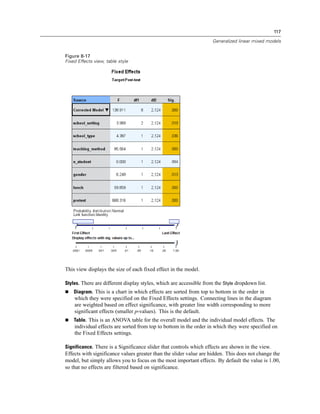 117
Generalized linear mixed models
Figure 8-17
Fixed Effects view, table style
This view displays the size of each fixed effect in the model.
Styles. There are different display styles, which are accessible from the Style dropdown list.
 Diagram. This is a chart in which effects are sorted from top to bottom in the order in
which they were specified on the Fixed Effects settings. Connecting lines in the diagram
are weighted based on effect significance, with greater line width corresponding to more
significant effects (smaller p-values). This is the default.
 Table. This is an ANOVA table for the overall model and the individual model effects. The
individual effects are sorted from top to bottom in the order in which they were specified on
the Fixed Effects settings.
Significance. There is a Significance slider that controls which effects are shown in the view.
Effects with significance values greater than the slider value are hidden. This does not change the
model, but simply allows you to focus on the most important effects. By default the value is 1.00,
so that no effects are filtered based on significance.
 