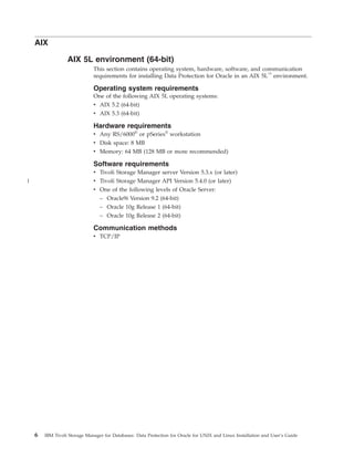 AIX

                  AIX 5L environment (64-bit)
                              This section contains operating system, hardware, software, and communication
                              requirements for installing Data Protection for Oracle in an AIX 5L™ environment.

                              Operating system requirements
                              One of the following AIX 5L operating systems:
                              v AIX 5.2 (64-bit)
                              v AIX 5.3 (64-bit)

                              Hardware requirements
                              v Any RS/6000® or pSeries® workstation
                              v Disk space: 8 MB
                              v Memory: 64 MB (128 MB or more recommended)

                              Software requirements
                              v Tivoli Storage Manager server Version 5.3.x (or later)
|                             v Tivoli Storage Manager API Version 5.4.0 (or later)
                              v One of the following levels of Oracle Server:
                                – Oracle9i Version 9.2 (64-bit)
                                – Oracle 10g Release 1 (64-bit)
                                – Oracle 10g Release 2 (64-bit)

                              Communication methods
                              v TCP/IP




    6   IBM Tivoli Storage Manager for Databases: Data Protection for Oracle for UNIX and Linux Installation and User’s Guide
 