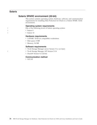 Solaris

                  Solaris SPARC environment (32-bit)
                              This section contains operating system, hardware, software, and communication
                              requirements for installing Data Protection for Oracle in a Solaris SPARC 32-bit
                              environment.

                              Operating system requirements
|                             One of the following levels of Solaris operating system:
|                             v Solaris 9
|                             v Solaris 10

                              Hardware requirements
                              v A SPARC 32-bit (or compatible) workstation.
                              v Disk space: 8 MB
                              v Memory: 96 MB

                              Software requirements
                              v Tivoli Storage Manager server Version 5.3.x (or later)
|                             v Tivoli Storage Manager API Version 5.3.4
                              v Oracle9i Version 9.2 (32-bit)

                              Communication method
                              v TCP/IP




    26   IBM Tivoli Storage Manager for Databases: Data Protection for Oracle for UNIX and Linux Installation and User’s Guide
 