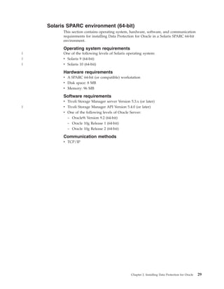 Solaris SPARC environment (64-bit)
          This section contains operating system, hardware, software, and communication
          requirements for installing Data Protection for Oracle in a Solaris SPARC 64-bit
          environment.

          Operating system requirements
|         One of the following levels of Solaris operating system:
|         v Solaris 9 (64-bit)
|         v Solaris 10 (64-bit)

          Hardware requirements
          v A SPARC 64-bit (or compatible) workstation
          v Disk space: 8 MB
          v Memory: 96 MB

          Software requirements
          v Tivoli Storage Manager server Version 5.3.x (or later)
|         v Tivoli Storage Manager API Version 5.4.0 (or later)
          v One of the following levels of Oracle Server:
            – Oracle9i Version 9.2 (64-bit)
            – Oracle 10g Release 1 (64-bit)
            – Oracle 10g Release 2 (64-bit)

          Communication methods
          v TCP/IP




                                                   Chapter 2. Installing Data Protection for Oracle   29
 