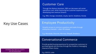 Key Use Cases
Through the Watson Assistant, IBM can decrease call center
operations cost, while improving the customer experience and
developing new revenue streams
E.g. RBS, Orange, Autodesk, Lloyds, Sprint, Vodafone, Honda
Customer Care
Simplify access to common questions and tasks through
enterprise channels – often HR related.
E.g. Woodside, Discover, Morneau Shepell, Bradesco
Employee Productivity
Provide guided buying experience for prospective customers to
purchase goods and services through the mobile or messaging
channel of their choice
E.g. GEICO, Lotte
Conversational Commerce
INTERNAL ONLY NOT ALL CLIENTS
ARE REFERENCEABLE
 