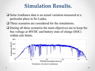 Simulation Results.
8
 Solar irradiance data is an actual variation measured at a
particular place in Sri Lanka.
 Three scenarios are considered for the simulations.
 During all three scenarios the main objectives are to keep the
bus voltage at 48VDC and battery state of charge (SOC)
within safe limits.
0 16 32 48 64 7272
0
200
400
600
800
PSCAD simulation time (s)
Irradiance(W/m
2
)
Variation of solar irradiance
 