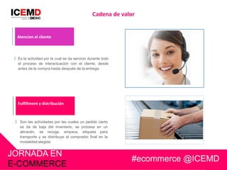JORNADA EN
E-COMMERCE
#ecommerce @ICEMD
Cadena de valor
Fulfillment y distribución
Son las actividades por las cuales un pedido cierto
se da de baja del inventario, se procesa en un
almacén, se recoge, empaca, etiqueta para
transporte y se distribuye al comprador final en la
modalidad elegida
Es la actividad por la cual se da servicio durante todo
el proceso de interactuación con el cliente, desde
antes de la compra hasta después de la entrega.
Atencion al cliente
 