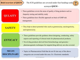 Brief overview of QSEM The ICH guidelines are covered under four headings under the
acronym QSEM –
• These guidelines covers the areas of quality of drug products such as
:Impurity testing and stability study
• These guidelines have flexible approach on basis of GMP risk
management.
QULAITY
• They help to detect potential risks such as genotoxicity, carcinogenicity,
and reprotoxicity.
SAFETY
• These guidelines provide guidance about designing, conducting, safety
aspects and reporting of clinical trials for pharmaceutical products.
• Novel drug products derived from biotechnology and genomic /
pharmacogenetic techniques for targeted drug delivery are also covered.
EFFICACY
• Topics in Pharmaceutical field that do not fit into any of the above
categories are covered under this area. Ex: Electronic standards.
MULTI
DISCIPLINARY
16
Dr.K.B.Gabhane
 
