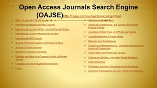 Open Access Journals Search Engine
(OAJSE)http://oajse.com/subjects/sociology.html
 IDEA : A Journal of Social Issues
 International Indigenous Policy Journal
 International Journal of Child, Youth & Family Studies
 International Journal of Motorcycle Studies
 International NGO Journal
 Journal of Criminal Justice and Popular Culture
 Journal of Social Inclusion
 Electronic Journal of Sociology
 Ethnicity and Race in a Changing World : A Review
Journal
 European Journal of Spatial Development
 Focus
 Advances in Social Work
 Americana (Hollywood) : the Journal of American
Popular Culture
 Australian Critical Race and Whiteness Studies
 Australian Review of Public Affairs
 Behavior and Social Issues
 Crimes and Misdemeanours : Deviance and the Law in
Historical Perspective
 Critical Race and Whiteness Studies
 Culture and Society : Journal of Social Research
 Culture Machine
 Dhaulagiri Journal of Sociology and Anthropology
 Electronic International Journal of Time Use Research
 