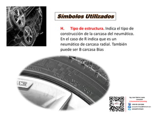 H. Tipo de estructura. Indica el tipo de
construcción de la carcasa del neumático.
En el caso de R indica que es un
neumático de carcasa radial. También
puede ser B carcasa Bias
 