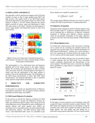 IJRET: International Journal of Research in Engineering and Technology eISSN: 2319-1163 | pISSN: 2321-7308
__________________________________________________________________________________________
Volume: 03 Special Issue: 07 | May-2014, Available @ http://www.ijret.org 446
4. SIMULATION AND RESULT
Our algorithm is able to perform the mapping of the LSP, pitch
residual, of source to that of target speaker using MLP with
high accuracy. The sample results of our MLP based speech
conversion algorithm for inter gender speaker are shown in the
figures3. In figure 3, the left column represents the speech
signal waveform of source, target and transformed in order.
The right column in the figure 3 displays the Spectrogram of
source, target speaker and transformed speech in order from
top to bottom.
Fig 3: a) Source, b) Target and c) Transformed speech of
same sentence waveform of a male-to-female speaker of MLP
based speech transformation
The spectrograph is a two dimensional time and frequency
graphical plot of the energy present in the signal. Figure3,
display the waveforms and spectrograms for male to female
voice conversion. From the visual perception of the figure it is
clearly seen that the spectrogram of the target speaker is
similar to that of the transformed speech. The performance of
the QNN based transformation is better than RBF based
transformation. The proposed algorithm is able to transform
source speech to target speech successfully.
5 OBJECTIVE AND SUBJECTIVE
PERFORMANCE
In this section we evaluate our algorithm based on Objective
and subjective parameters. We use objective based evaluation
parameters (i) mean square error (MSE).
5.1 MSE based Objective Evaluation
In this section we provide the objective evaluation for MLP
based VC systems to measure the differences between the
target and transformed speech signals. Since many perceived
sound differences can be interpreted in terms of differences of
spectral features and mean squared error (MSE) are
considered to be a reasonable metrics; for both mathematically
and subjectively analysis. The MSE between target audio
vector c and transformed audio vector b is calculated as per
below equation on a sample by sample basis.
(7)
The average square difference between two vectors is used to
evaluate the objective performance of mapping algorithms.
5.2 Subjective Evaluation
Evaluation of the synthesized speech of desired speaker using
MLP and RBF based VC systems by standard subjective test
can be attributed due to inefficiency of objective evaluation
techniques in defining good objective distance measures
which are perceptually meaningful. In this paper subjective
evaluation tests have been discussed namely i) Mean Opinion
Score.
5.2.1 Mean Opinion Score
To evaluate the overall accuracy of the conversion, a listening
test is carried out for evaluating the similarity between the
converted voice and the target voice to find the performance of
MLP based transformation. Listeners give scores between 1
and 5 for measuring the similarity between the output of the
two VC systems and the target speaker’s natural utterances.
The results of this MOS similarity tests are provided in figure
6, which indicates that the MLP based voice conversion
systems completely characterized the characteristics of the
source speaker. The MLP based voice conversion has slightly
more resemblance to target speech as compared to the GMM
based VC system.
Fig 4: MOS Test
6. CONCLUSIONS
In this paper, we have proposed a novel technique using LSP
as spectral features and pitch residual as glottal features. The
MLP based and mapping functions are developed to map the
acoustical cues of the source speaker according to that of the
target speaker. The inter gender and intra gender VC is
performed using proposed algorithm. We have experimentally
 