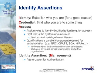 Identity Assertions
Identity: Establish who you are (for a good reason)
Credential: Bind who you are to some thing
Access:
    Assign roles to identity [Authorization] (e.g. for access)
    First role is the system administrator
        Need to rules for privileged account holders
    Qualifications a parallel component required for
     authentication, (e.g. NRC, CFATS, SOX, HIPAA…)
        Too many roles, also confusion here with certifications,
         attributes, privileges across organizations and within
         organizations

Identity Assertion: (Management)
    Authorization for Authentication


                      Smart Card Alliance Confidential
                  Property of the Smart Card Alliance © 2010
 