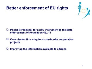 Better enforcement of EU rights




 Possible Proposal for a new instrument to facilitate
  enforcement of Regulation 492/11

 Commission financing for cross-border cooperation
  projects

 Improving the information available to citizens




                                                         12
 