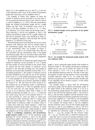 6
where |Np| is the neighbor size of p, and |CG′
p
| is the size
of the minimum vertex cover of the residual inconsistency
graph after removing p and its neighbors from G.
For example, in Figure 3(b), suppose we know the
number of malicious service providers is no more than 2.
Let us examine the malicious node p2 ﬁrst. After we remove
p2 and its neighbors p1, p3, and p4 from the inconsistency
graph, the residual inconsistency graph will be a graph
without any link. Thus, its minimum vertex cover is 0.
Since p2 has three neighbors, we have 3 + 0  2. Thus,
p2 is malicious. Let us now check out the benign node p1.
After removing p1 and its two neighbors p2 and p5, the
residual inconsistency graph will be a graph without any
link and its minimum vertex cover should be 0. Since p1
has two neighbors, Equation 1 does not hold. We will not
pinpoint p1 as malicious in this step.
Note that benign service providers that do not serve same
functions with malicious ones will be isolated nodes in
the inconsistency graph, since they will not be involved
in any inconsistency links. For example, in Figure 5,
nodes p4, p5, p6 and p7 are isolated nodes since they are
not associated with any inconsistency links in the global
inconsistency graph. Thus, we can remove these nodes from
the inconsistency graph without affecting the computation
of the minimum vertex cover.
We now describe how to estimate the upper bound of the
number of malicious service providers K. Let N denote
the total number of service providers in the system. Since
we assume that the total number of malicious service
providers is less than that of benign ones, the number of
malicious service providers should be no more than ⌊N/2⌋.
According proposition 1, the number of malicious service
providers should be no less than the size of the minimum
vertex cover |CG| of the global inconsistency graph. Thus,
K is ﬁrst bounded by its lower bound |CG| and upper
bound ⌊N/2⌋. We then use an iterative algorithm to tighten
the bound of K. We start from the lower bound of K,
and compute the set of malicious nodes, as described by
Proposition 2, denoted by Ω. Then we gradually increase
K by one each time. For each speciﬁc value of K, we
can get a set of malicious nodes. With a larger K, the
number of nodes that can satisfy |Ns|+|CG′
s
|  K becomes
less, which causes the set Ω to be reduced. When Ω = ∅,
we stop increasing K, since any larger K cannot give
more malicious nodes. Intuitively, when K is large, fewer
nodes may satisfy Equation 1. Thus, we may only identify
a small subset of malicious nodes. In contrast, when K
is small, more nodes may satisfy Equation 1, which may
mistakenly pinpoint benign nodes as malicious. To avoid
false positives, we want to pick a large enough K, which
can pinpoint a set of true malicious service providers.
Step 3: Combining consistency and inconsistency
graph analysis results. Let Gi be the consistency graph
generated for service function fi, and G be the global
inconsistency graph. Let Mi denote the list of suspicious
nodes by analyzing per function consistency graph Gi (i.e.,
nodes belonging to minority cliques), and Ω denotes the list
of suspicious nodes by analyzing the global inconsistency
f1
p1
p3
p8
p2
p9
f2
p4
p6 p7
p5
benign service provider
malicious service provider
consistency link
(a) Consistency graphs.
p1
p2
p3
p4
p5
p6
p7
p8
p9
benign service provider
malicious service provider
inconsistency link
(b) Inconsistency graph.
Fig. 5. Isolated benign service providers in the global
inconsistency graph.
f1
p1
p3
p8
p2
p9
f2
p4
p6 p7
p5
p9
consistency graphs inconsistency graph
p1
p2
p3
p4
p5
p6
p7
p8
p9
benign service provider
malicious service provider
consistency link
inconsistency link
Fig. 6. An example for integrated graph analysis with
two malicious nodes.
graph G, given a particular upper bound of the number of
malicious nodes K. We examine per-function consistency
graphs one by one. Let Ωi denote the subset of Ω that
serves function fi. If Ωi ∩ Mi = ∅, we add nodes in Mi
to the identiﬁed malicious node set. The idea is that since
the majority of nodes serving function fi have successfully
excluded malicious nodes in Ωi, we could trust their
decision on proposing Mi as malicious nodes. Pseudo-code
of our algorithm can be found in section 1 of the online
supplemental material.
For example, Figure 6 shows both the per-function
consistency graphs and the global inconsistency graph. If
the upper bound of the malicious nodes K is set to 4,
the inconsistency graph analysis will capture the malicious
node p9 but will miss the malicious node p8. The reason is
that p8 only has three neighbors and the minimum vertex
cover for the residual inconsistency graph after removing p8
and its three neighbors is 1. Note that we will not pinpoint
any benign node as malicious according to Proposition
2. For example, the benign node p1 has two neighbors
and the minimum vertex cover for the residual graph after
removing p1 and its two neighbors p8 and p9 will be 0
since the residual graph does not include any link. However,
by checking the consistency graph of function f1, we
ﬁnd Ω1 = {p9} has overlap with the minority clique
M1 = {p8, p9}. We then infer p8 should be malicious too.
Note that even if we have an accurate estimation of the
number of malicious nodes, the inconsistency graph analy-
sis scheme may not identify all malicious nodes. However,
our integrated algorithm can pinpoint more malicious nodes
than the inconsistency graph only algorithm. An example
 