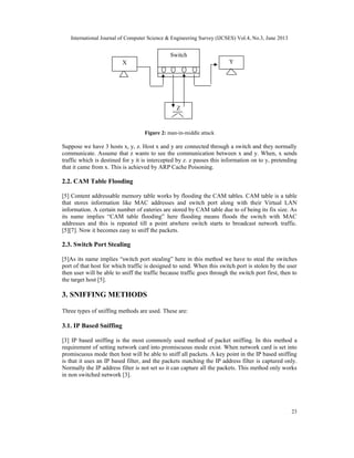 International Journal of Computer Science & Engineering Survey (IJCSES) Vol.4, No.3, June 2013
23
Figure 2: man-in-middle attack
Suppose we have 3 hosts x, y, z. Host x and y are connected through a switch and they normally
communicate. Assume that z wants to see the communication between x and y. When, x sends
traffic which is destined for y it is intercepted by z. z passes this information on to y, pretending
that it came from x. This is achieved by ARP Cache Poisoning.
2.2. CAM Table Flooding
[5] Content addressable memory table works by flooding the CAM tables. CAM table is a table
that stores information like MAC addresses and switch port along with their Virtual LAN
information. A certain number of eateries are stored by CAM table due to of being its fix size. As
its name implies “CAM table flooding” here flooding means floods the switch with MAC
addresses and this is repeated till a point atwhere switch starts to broadcast network traffic.
[5][7]. Now it becomes easy to sniff the packets.
2.3. Switch Port Stealing
[5]As its name implies “switch port stealing” here in this method we have to steal the switches
port of that host for which traffic is designed to send. When this switch port is stolen by the user
then user will be able to sniff the traffic because traffic goes through the switch port first, then to
the target host [5].
3. SNIFFING METHODS
Three types of sniffing methods are used. These are:
3.1. IP Based Sniffing
[3] IP based sniffing is the most commonly used method of packet sniffing. In this method a
requirement of setting network card into promiscuous mode exist. When network card is set into
promiscuous mode then host will be able to sniff all packets. A key point in the IP based sniffing
is that it uses an IP based filter, and the packets matching the IP address filter is captured only.
Normally the IP address filter is not set so it can capture all the packets. This method only works
in non switched network [3].
X
Switch
Y
Z
 