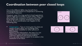 Coordination between peer closed loops
CLs in the different MDs may benefit from
exchanging information to cooperate in achieving
a common objective.
However, peer CLs may perform local operations
which might be in conflict to each other. They can
also request the resolution of issues within their
local scope that could be resolved by another
peer CL. Such coordination can happen in the
following way:
• Cooperation – Two or more peer CLs that are
aware of each other can exchange their
goal(s), their model(s) or other pieces of
information.
Based on this information, the peer CLs can
adjust their own behaviours to achieve a
common objective and avoid conflicts.
A CL can also request a peer CL to assist in the
resolution of an issue.
May 2021
Next-Generation Closed-Loop Automation | IEEE IM 2021 Tutorial
91
 