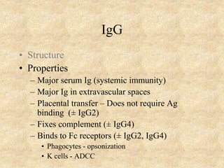 IgG
• Structure
• Properties
– Major serum Ig (systemic immunity)
– Major Ig in extravascular spaces
– Placental transfer – Does not require Ag
binding (± IgG2)
– Fixes complement (± IgG4)
– Binds to Fc receptors (± IgG2, IgG4)
• Phagocytes - opsonization
• K cells - ADCC
 
