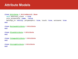 Attribute Models

class Attribute < ActiveRecord::Base
  self.abstract_class = true
  attr_accessible :name, :value
  belongs_to :entity, polymorphic: true, touch: true, autosave: true
end

class BooleanAttribute < Attribute
end

class FloatAttribute < Attribute
end

class IntegerAttribute < Attribute
end

class StringAttribute < Attribute
end
 