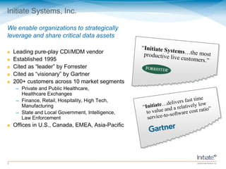 Initiate Systems, Inc.We enable organizations to strategically leverage and share critical data assets“Initiate Systems…the most productive live customers.”Leading pure-play CDI/MDM vendorEstablished 1995Cited as “leader” by ForresterCited as “visionary” by Gartner 200+ customers across 10 market segmentsPrivate and Public Healthcare,Healthcare ExchangesFinance, Retail, Hospitality, High Tech,ManufacturingState and Local Government, Intelligence,Law Enforcement Offices in U.S., Canada, EMEA, Asia-Pacific“Initiate…delivers fast timeto value and a relatively lowservice-to-software cost ratio”