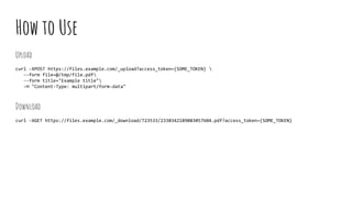 How to Use
Upload
curl -XPOST https://files.example.com/_upload?access_token={SOME_TOKEN} 
--form file=@/tmp/file.pdf
--form title="Example title"
-H "Content-Type: multipart/form-data"
Download
curl -XGET https://files.example.com/_download/723533/2338342189083057604.pdf?access_token={SOME_TOKEN}
 