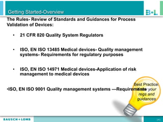 Getting Started-Overview
The Rules- Review of Standards and Guidances for Process
Validation of Devices:

  •    21 CFR 820 Quality System Regulators


  •    ISO, EN ISO 13485 Medical devices- Quality management
       systems- Requirements for regulatory purposes


  •    ISO, EN ISO 14971 Medical devices-Application of risk
       management to medical devices

                                                      Best Practice:
• ISO, EN ISO 9001 Quality management systems —Requirements your
                                                       Know
                                                        regs and
                                                       guidances



                                                                   [4]
 