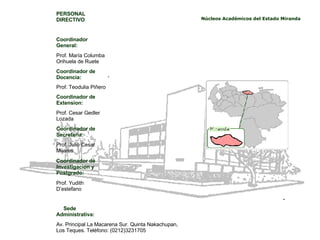 Núcleos Académicos del Estado Miranda  .    Av. Principal La Macarena Sur. Quinta Nakachupan, Los Teques. Teléfono: (0212)3231705       Sede Administrativa:      Prof. Yudith D’estefano Coordinador de Investigacion y Postgrado:  Prof. Julio Cesar Mijares Coordinador de Secretaria:  Prof. Cesar Gedler Lozada Coordinador de Extension: Prof. Teodulia Piñero Coordinador de Docencia:  Prof. María Columba Orihuela de Ruete Coordinador General:    PERSONAL DIRECTIVO 