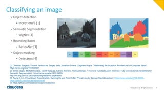 9© Cloudera, Inc. All rights reserved.
Classifying an image
[1] Christian Szegedy, Vincent Vanhoucke, Sergey Ioffe, Jonathon Shlens, Zbigniew Wojna: " Rethinking the Inception Architecture for Computer Vision”
https://arxiv.org/abs/1512.00567
[2] Simon Jégou, Michal Drozdzal, David Vazquez, Adriana Romero, Yoshua Bengio: " The One Hundred Layers Tiramisu: Fully Convolutional DenseNets for
Semantic Segmentation”, https://arxiv.org/abs/1611.09326
http://mi.eng.cam.ac.uk/projects/segnet/demo.php#demo
[3] Tsung-Yi Lin, Priya Goyal, Ross Girshick, Kaiming He and Piotr Dollár: "Focal Loss for Dense Object Detection”, https://arxiv.org/abs/1708.02002.,
https://github.com/fizyr/keras-retinanet
[4] https://github.com/facebookresearch/Detectron
• Object detection
• InceptionV3 [1]
• Semantic Segmentation
• SegNet [2]
• Bounding Boxes
• RetinaNet [3]
• Object masking
• Detectron [4]
 